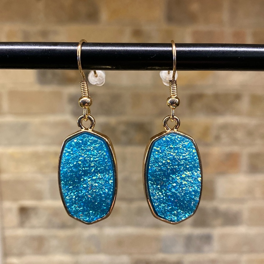 Turquoise Druse Crystal Gold tone Earrings